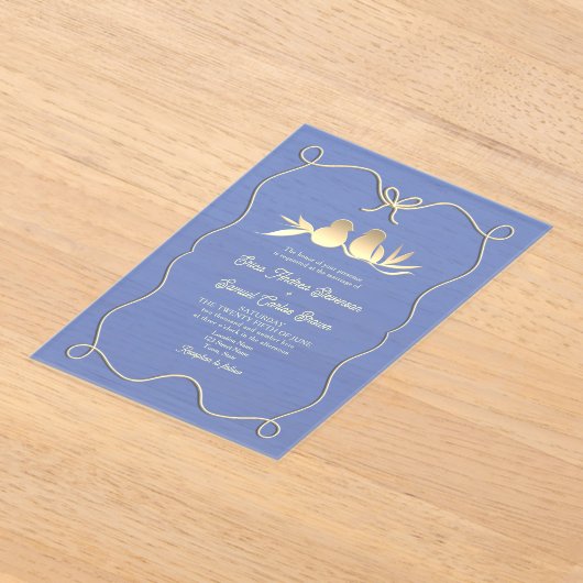 手描きボウブルー結婚ズアクリル招待状 アクリル招待状 (レイダウン)