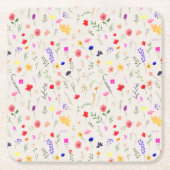 手描きボヘミアンワイルドフラワーメドウ水彩 スクエアペーパーコースター (正面)