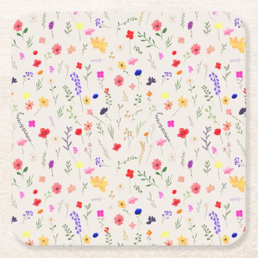 手描きボヘミアンワイルドフラワーメドウ水彩 スクエアペーパーコースター (正面)