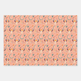 手描きボホパターンドリームキャッチャーサーモンピンク ラッピングペーパーシート