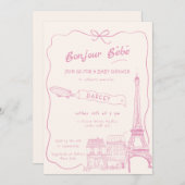 手描きボンジュールベフランスのブピンクベビシャワー 招待状 (正面/裏面)