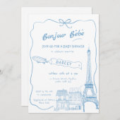手描きボンジュールベフランスのーブブルーベビーシャワー 招待状 (正面/裏面)