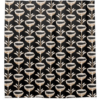 手描きポピーモダンデザインブラック金ゴールド シャワーカーテン