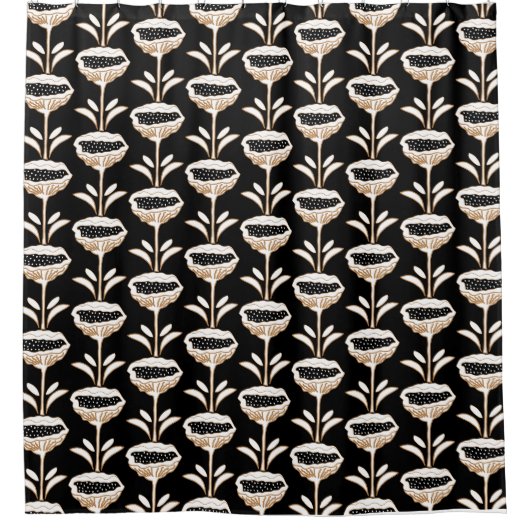 手描きポピーモダンデザインブラック金ゴールド シャワーカーテン (正面)