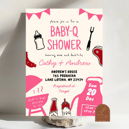 手描きミニマリストBaByQガールベビーシャワー 招待状