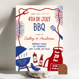 手描きミニマリストBBQ 7月4日 バーベーキュー 招待状