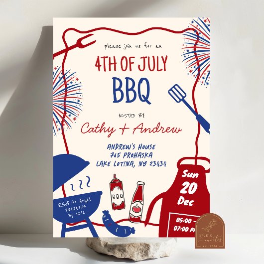 手描きミニマリストBBQ 7月4日 バーベーキュー 招待状