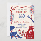 手描きミニマリストBBQ 7月4日 バーベーキュー 招待状 (正面)