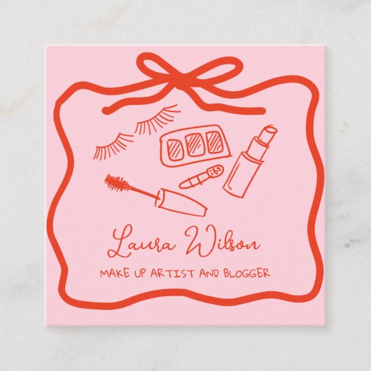 手描きメイクお洒落アップアーティスト赤ピンクボウ スクエア名刺 (正面)
