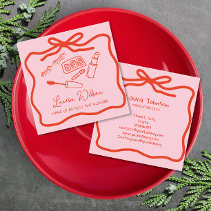 手描きメイクお洒落アップアーティスト赤ピンクボウ スクエア名刺