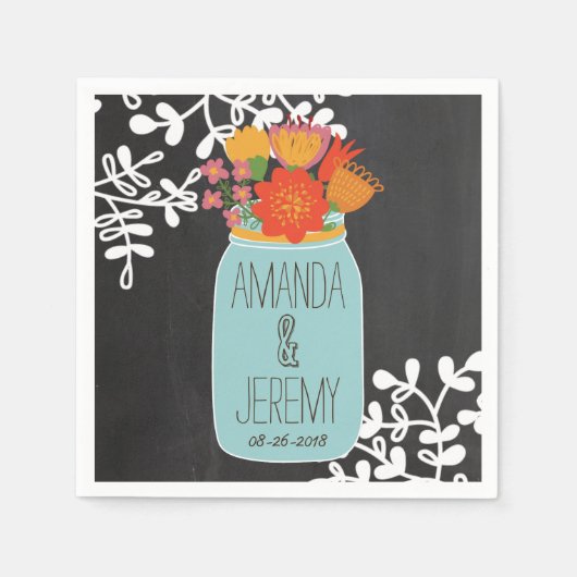 手描きメイソン瓶&花Chalkboard スタンダードカクテルナプキン (正面)