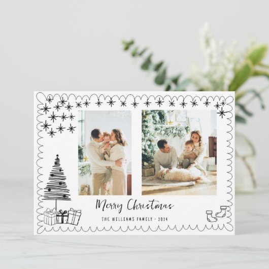 手描きモダンドードル写真メリークリスマス シーズンカード (スタンド正面)