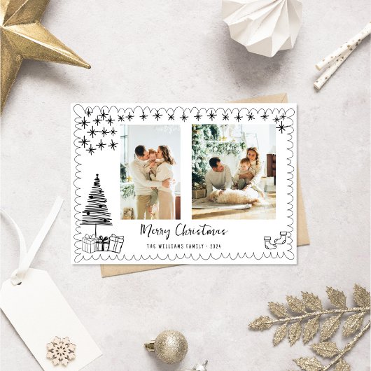 手描きモダンドードル写真メリークリスマス シーズンカード