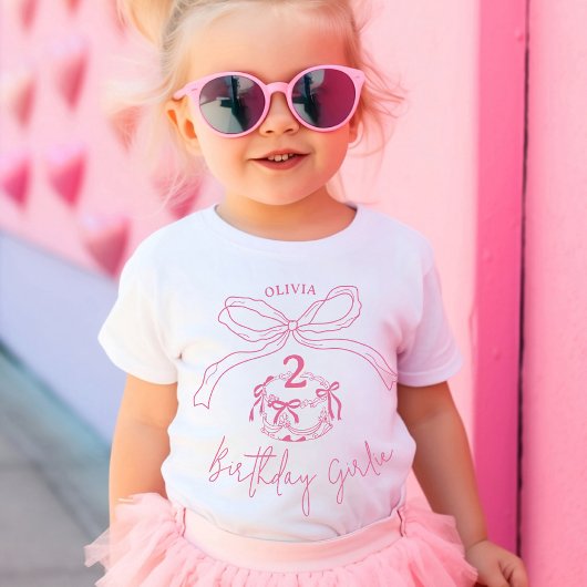 手描きモダンピンクボウケーキ誕生日パーティー ベビーTシャツ