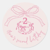 手描きモダンピンクボウケーキ誕生日パーティー ラウンドシール (正面)