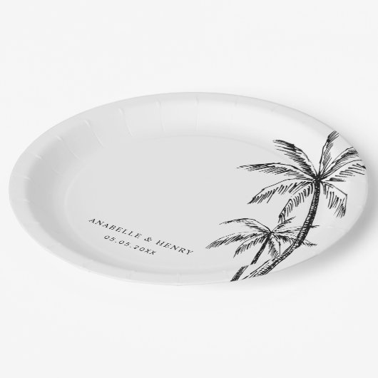 手描きヤシの木のビーチ宛先ウェディング ペーパープレート (アングル)