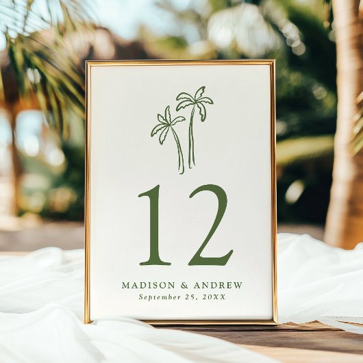 手描きヤシの木の結婚クリームのテーブル番号 招待状