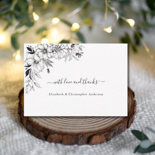 手描きラインアートフラワーズ結婚白黒 サンキューカード