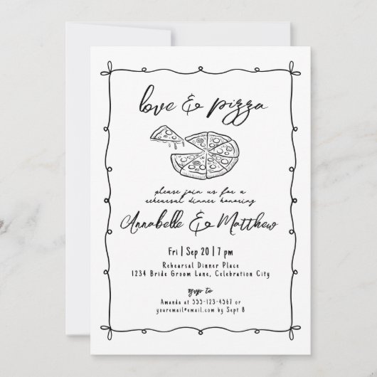 手描きラブピザのリハ結婚ーサルディナー 招待状 (正面)