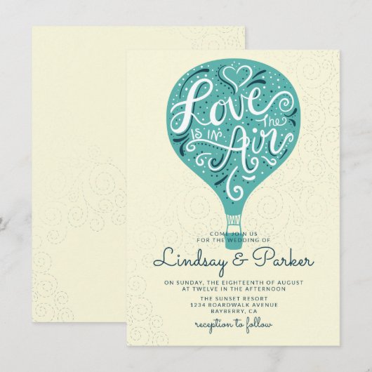 手描きラブ ティール ハート 風船 結婚式 招待状 (正面/裏面)