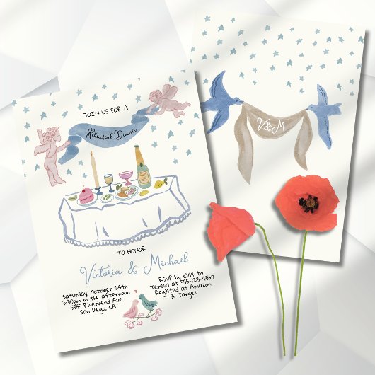 手描きリハお洒落ーサルディナーキューピッド 招待状