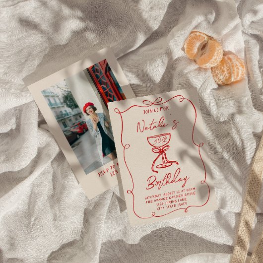 手描きレッドボウマルティーニ30thフォト誕生日 招待状