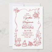 手描きレトロな遊び心あふれるバーガンディーのウェディングフォト 招待状 (正面)