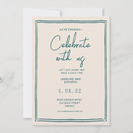 手描きレトロコンテンポラリー婚約 招待状 (正面)