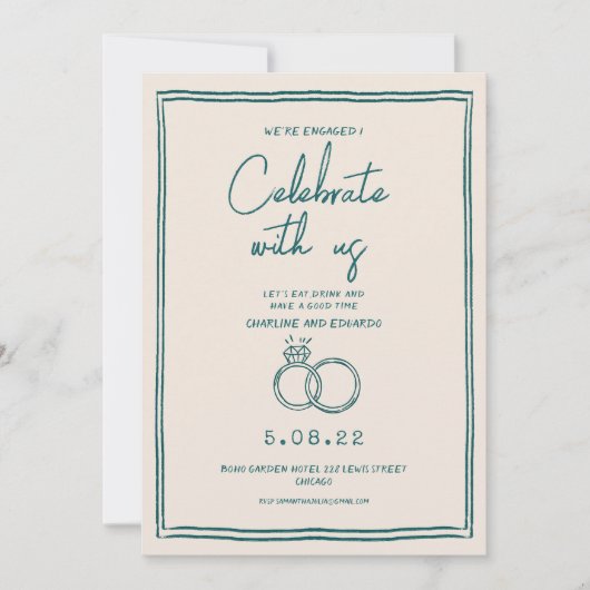 手描きレトロコンテンポラリー婚約 招待状 (正面)