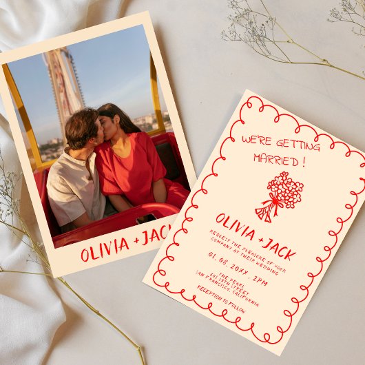 手描きレトロファンキーなビンテージ写真の結婚式 招待状
