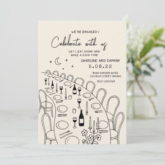 手描きレトロ現代のエンゲージメント 招待状 (スタンド正面)