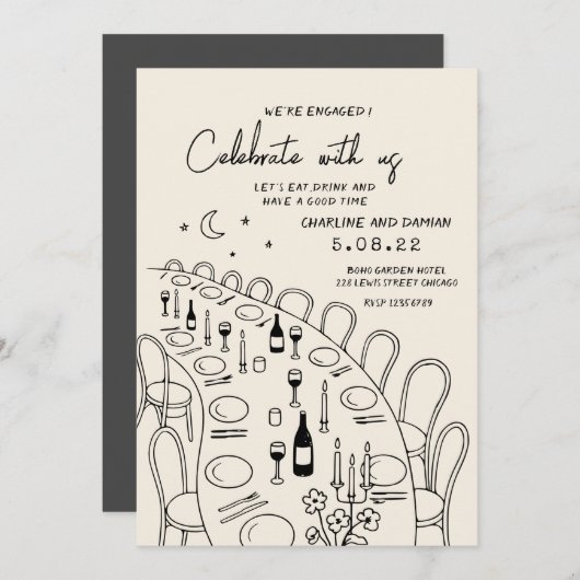 手描きレトロ現代のエンゲージメント 招待状 (正面/裏面)