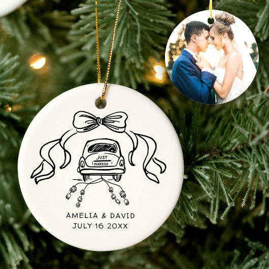 手描きレトロ結婚式カー「Just Married」写真 セラミックオーナメント