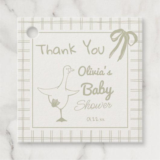 手描きレトロ間抜けグースリボン赤ちゃんシャワー フェイバータグ (正面)