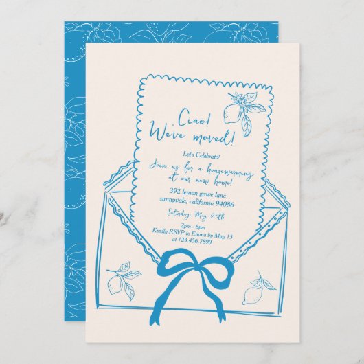 手描きレモン引っ越し祝いパーティーパーティの招待状 招待状 (正面/裏面)