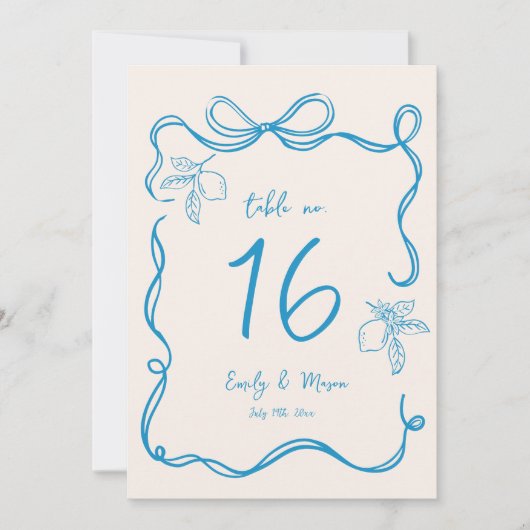 手描きレモ結婚ンの5x7テーブル番号札 招待状 (正面)
