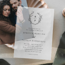 手描きローレルリースモノグラム結婚ズ ベラム紙招待状