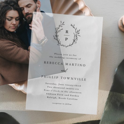 手描きローレルリースモノグラム結婚ズ ベラム紙招待状