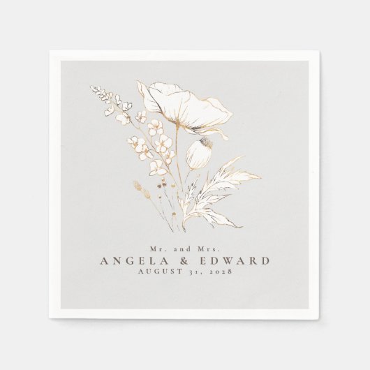 手描きワイルドフラワーエレガントズミニマ結婚リスト スタンダードカクテルナプキン (正面)