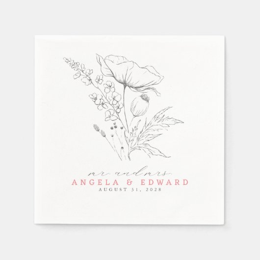 手描きワイルドフラワーエレガントズミニマ結婚リスト スタンダードカクテルナプキン (正面)