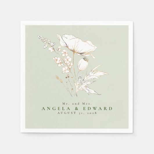 手描きワイルドフラワーエレガントズミニマ結婚リスト スタンダードカクテルナプキン (正面)