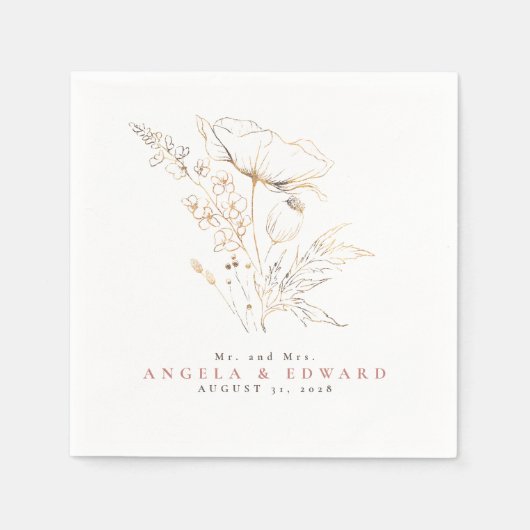 手描きワイルドフラワーエレガントズミニマ結婚リスト スタンダードカクテルナプキン (正面)