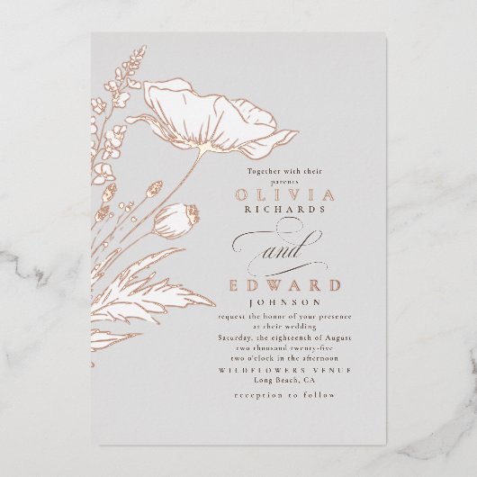 手描きワイルドフラワーエレガントズライトグレイ結婚ズ 箔招待状 (正面)