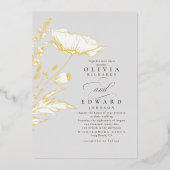 手描きワイルドフラワーエレガントズライトグレイ結婚ズ 箔招待状 (正面)