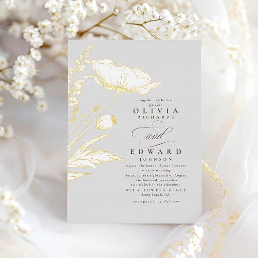 手描きワイルドフラワーエレガントズライトグレイ結婚ズ 箔招待状