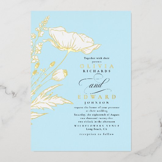 手描きワイルドフラワーエレガントズライトブルー結婚ズ 箔招待状 (正面)