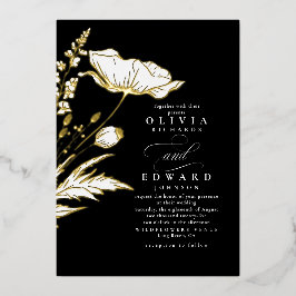 手描きワイルドフラワーエレガントズ黒結婚色 箔招待状