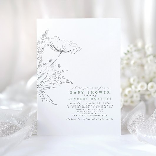 手描きワイルドフラワーエレガントセージ赤ちゃんシャワー 招待状