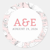 手描きワイルドフラワーエレガントピンク結婚ズ ラウンドシール (正面)