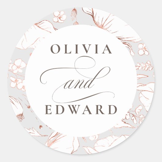手描きワイルドフラワーエレガントピンク金ゴールド結婚ズ ラウンドシール (正面)